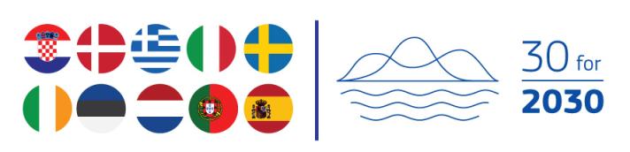 visual showing the flags of the 10 countries from which islands are participating in the '30 for 2030 program: Croatia, Denmark, Greece, Italy, Sweden, Ireland, Estonia, Netherlands, portugal and spain